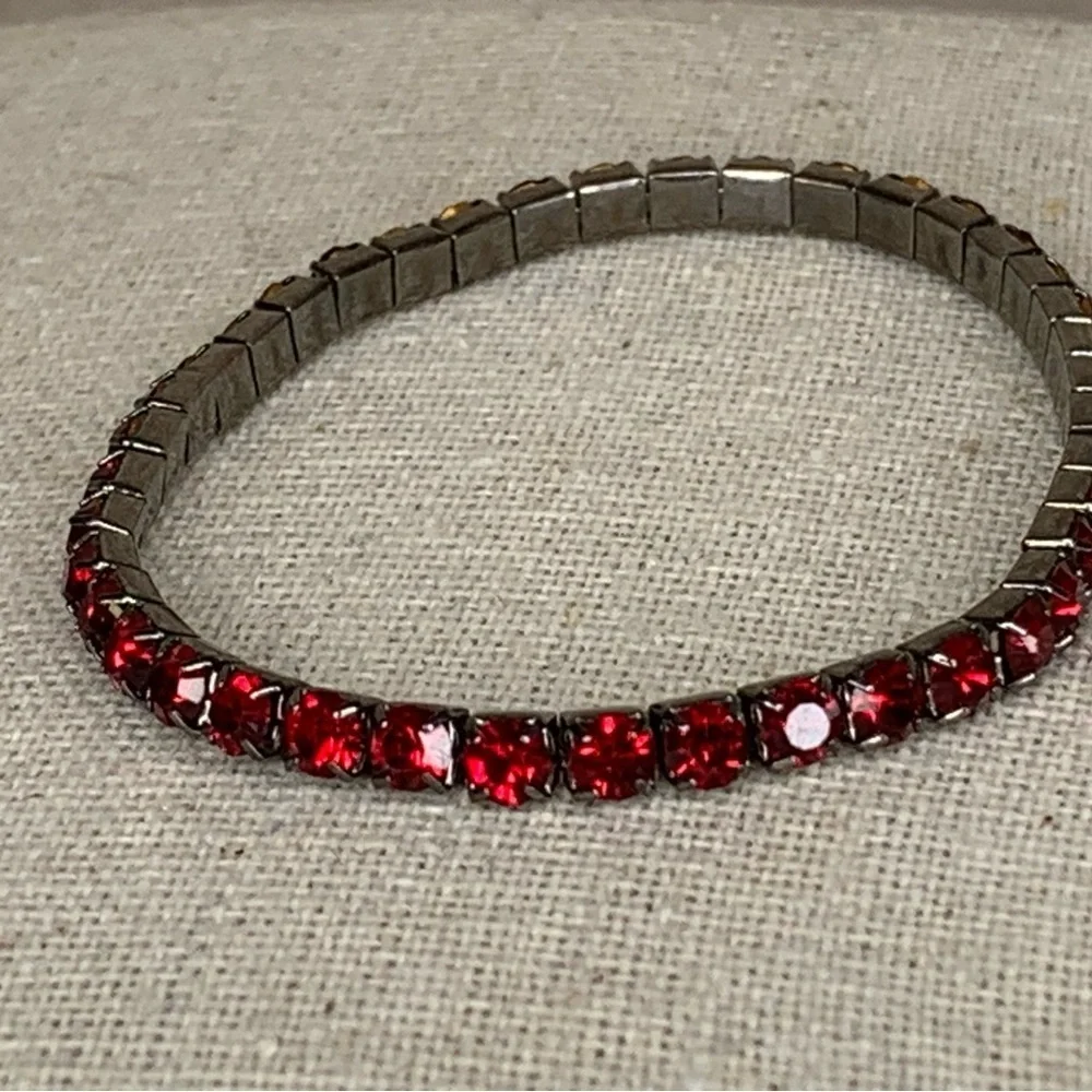 Vintage Silver Red Stretch Tennis Bracelet Formal Glam Goth Ruby Crystal